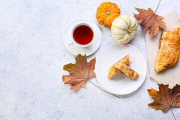 Composition with pieces of tasty pumpkin strudel and cup of tea on light background