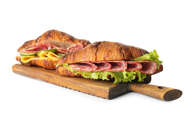 Wooden board with delicious croissant sandwiches on white background