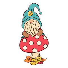 Cute gnome on a toadstool. Fall leaves. Autumn clipart. Cartoon character gnome Scandinavian elf tonttu. Children baby style colorful vector illustrations. Funny gnome baby card print graphic design.