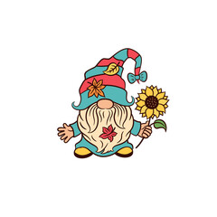 Whimsical gnome with sunflower. Thanksgiving greeting graphic design. Adorable gnome funny hat vector illustration. Scandinavian elf tomte vector illustration. Autumn garden gnome clipart. Funny hat.