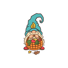 Cute gnome with a basket of fruit. Thanksgiving greeting design. Swedish gnome funny hat vector illustration. Fall leaves. Autumn harvest thanksgiving day graphics. Nordic elf tomte character.