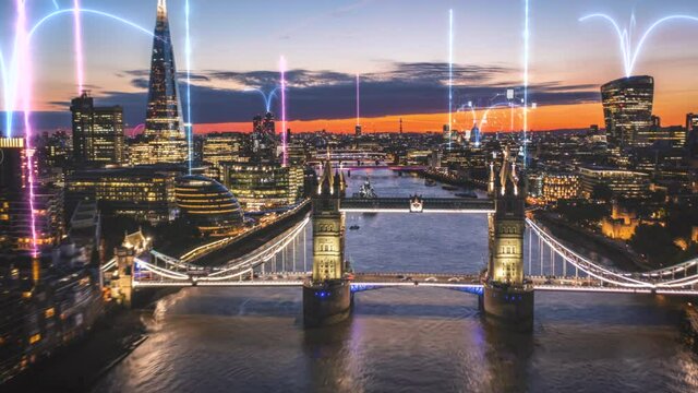 Technological city of London, with rays and Icons - 3d hyperlapse visualization