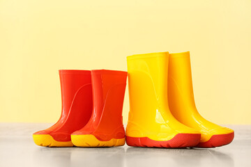 Colorful rubber boots near color wall