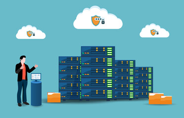 Business technology Bid data, cloud storage and cloud server service concept with System administrator online monitors the operation of servers. Vector illustration eps10