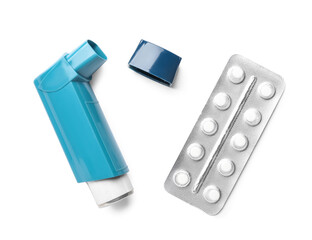 Modern inhaler and pills isolated on white background - obrazy, fototapety, plakaty