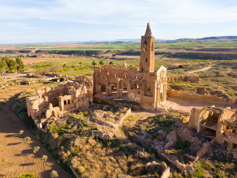 Aerial view of ruins of old historic Spanish village Belchite in province of Zaragoza..