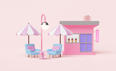 shop store cafe with ice cream showcases or fridge,coffee table, umbrella isolated on pink  background,3d illustration or 3d render