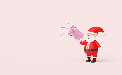 Santa claus with megaphone or hand speaker isolated on pink background.website,poster or happiness cards,festive New Year concept,3d illustration or 3d render