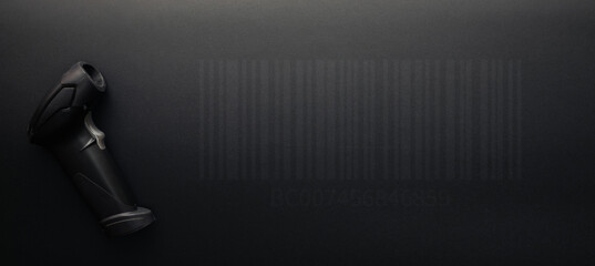 Barcode concept. Retail label barcode scan. Reader laser scanner for warehouse on black background....