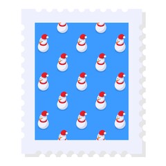 Holiday postage stamp with cute snowmen pattern. Xmas decorative design element for letters. Vector illustration on white background.