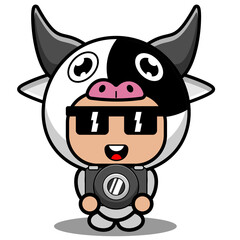 vector cartoon character cute cow animal mascot costume holding camera