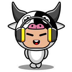vector cartoon character cute cow animal mascot costume listening to music