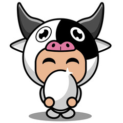 vector cartoon character cute cow animal mascot costume holding white egg