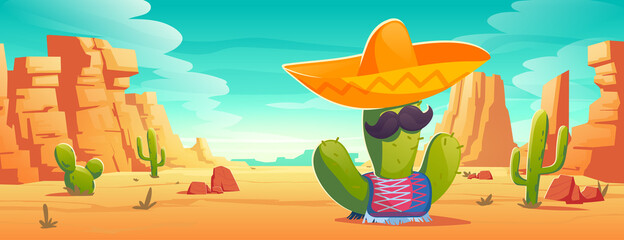 Mexican cactus with mustaches in sombrero and poncho at desert landscape. Viva Mexico or cinco de mayo party, traditional Latin holiday or fiesta celebration symbol, Cartoon vector illustration - obrazy, fototapety, plakaty