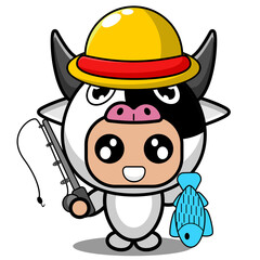 vector cartoon character cute cow animal mascot costume holding farmer fishing