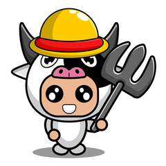 vector cartoon character cute cow farmer animal mascot costume holding a fork