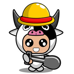 vector cartoon character cute cow farmer animal mascot costume holding shovel