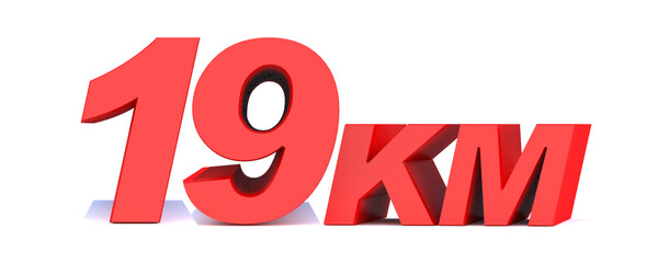 19 km word on white background. 3d illustration