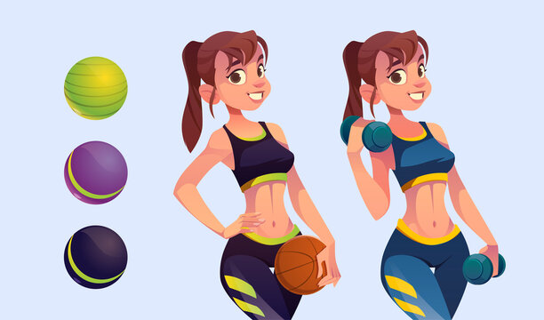 Beautiful girl holding dumbbells and sport ball. Vector cartoon illustration of smiling young woman doing exercises and playing basketball. Concept of healthy lifestyle, workout and fitness