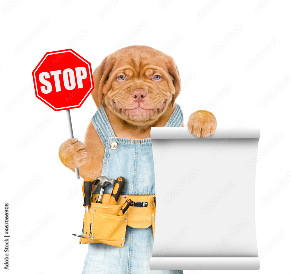 Aufkleber Smiling Mastiff puppy wearing overalls with tool belt shows stop sign and empty list. Isolated on white background