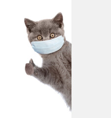 Kitten wearing medical protective mask looks from behind empty banner and shows thumbs up gesture....