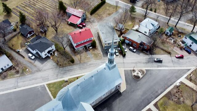 Aerial View Above Catholic Church Building in Beaumont, Quebec, Canada