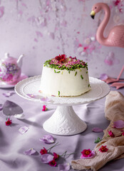 Close up shot of black tea rose & Pistachio cake against violet color background.