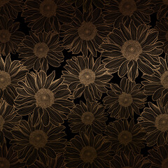 Luxury art deco gold metallic seamless pattern of sunflowers, linear drawing on black backdrop. Decorative print for wallpaper, wrapping, textile, fashion fabric.