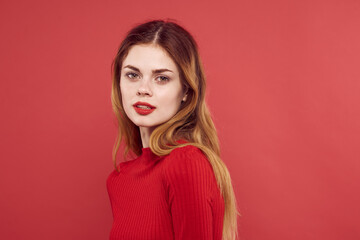 Fototapeta premium woman in red dress smile hairstyle makeup