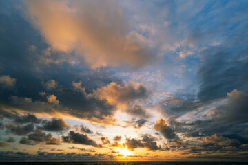 Dark clouds over sea at sunset Dramatic thunderstorm landscape with building clouds Natural rainy dark sky Amazing for nature composition background