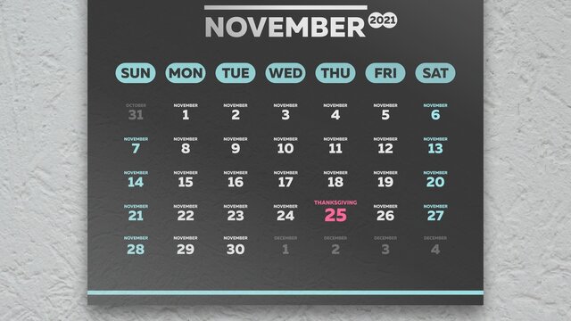 Close-up of a beautiful black November page of the calendar 2021 with the marked Thanksgiving date