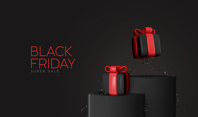 Black Friday sale. Round dark podiums, studio stands, realistic 3d gift boxes falling. Festive background, banner with present box, holiday web poster. Vector illustration
