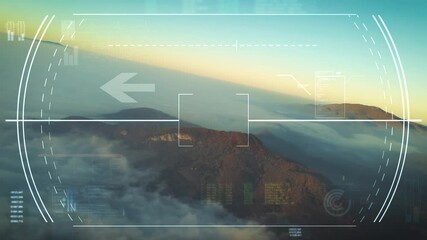Airplane cockpit perspective HUD searches above mountain range clouds for runway. Digital navigation overlay, instruments, self-flying aircraft
