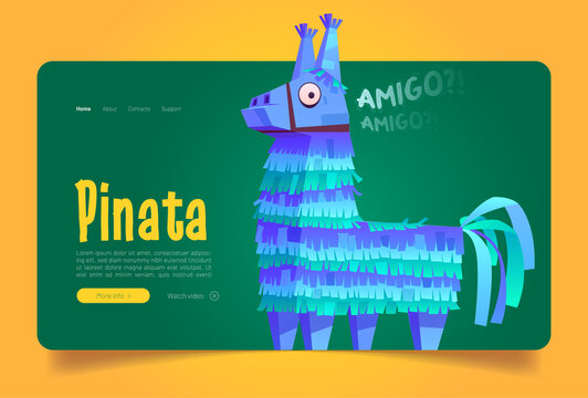 Pinata banner with cute toy from crepe paper for birthday party, mexican holiday and carnival. Vector landing page of traditional festival decoration with cartoon funny pinata in shape of blue donkey
