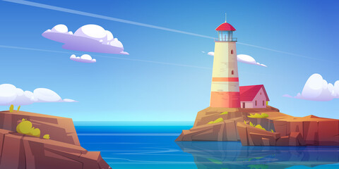 Lighthouse on rock island in sea. Vector cartoon illustration of summer landscape of ocean shore with beacon and building on cliff. Seascape with nautical navigation tower with lamp on coast © klyaksun