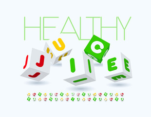 Vector creative logo Healthy Juice. Playful 3D Font. Cubic style Alphabet Letters and Numbers set