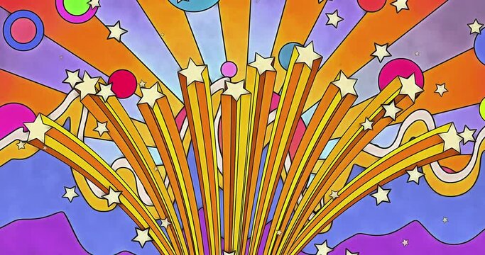 A 1960s or 1970s retro style animated sunburst with a fan of bursting stars in the foreground. Rotating planets and waves complete the scene. Created in a bright psychedelic ink and watercolor style.