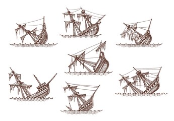 Sunken sailing brigantine, brig, corvette and frigate ship sketches, shipwreck vector vintage map elements. Isolated broken sailing ships or sailboats with sea waves, damaged sails and masts - obrazy, fototapety, plakaty