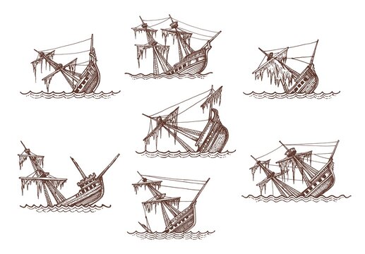 Sunken sailing brigantine, brig, corvette and frigate ship sketches, shipwreck vector vintage map elements. Isolated broken sailing ships or sailboats with sea waves, damaged sails and masts © Vector Tradition