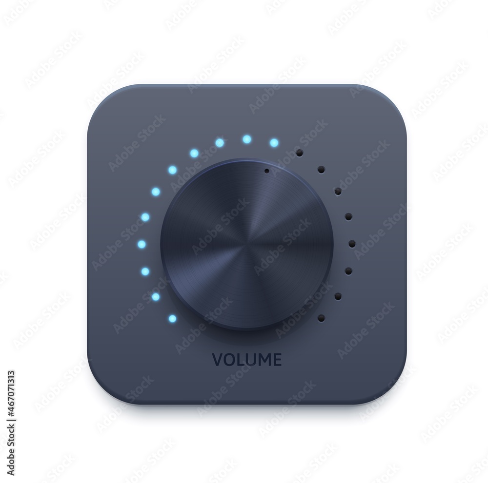 Aufkleber Music sound volume knob button vector icon. Metal audio control dial switch with blue light power level scale. Mobile or web app interface, ui or gui isolated 3d button with analog rotary knob