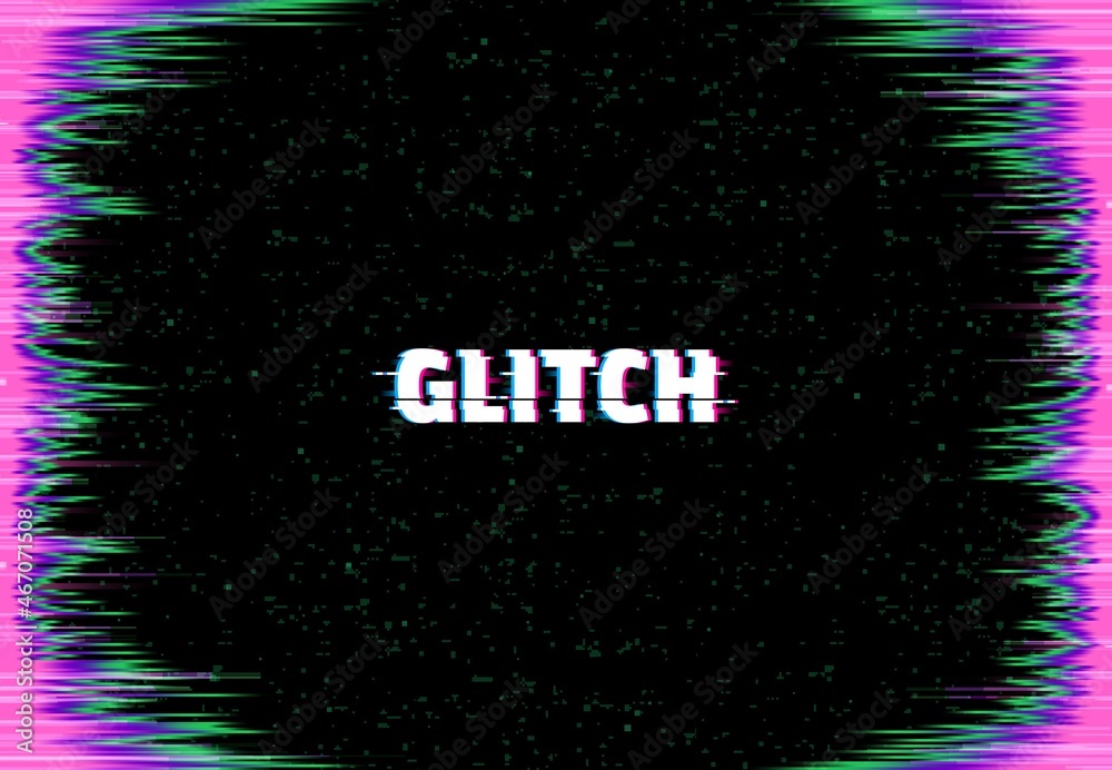 Leinwandbilder Glitch screen vector background, monitor error glitch effect with color digital pixel noise frame border and tv static error backdrop. Television bad signal or broken VHS video tape rewind texture