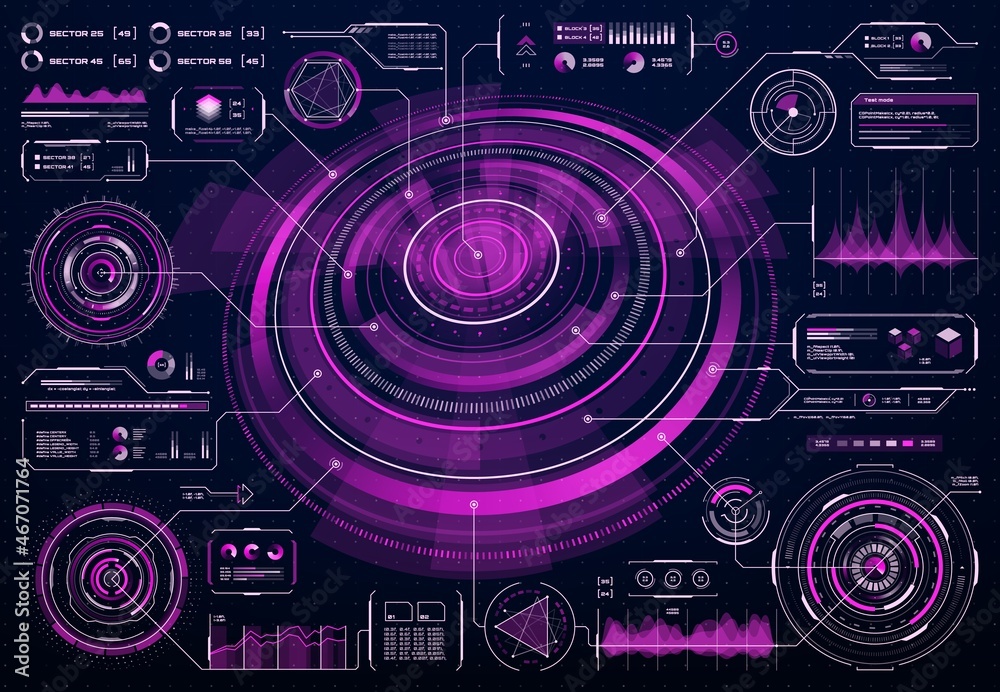 Leinwandbilder HUD futuristic purple user screen interface, infographics big data info charts or circular vector diagram. Artificial intelligence computer program interface, business information visualization