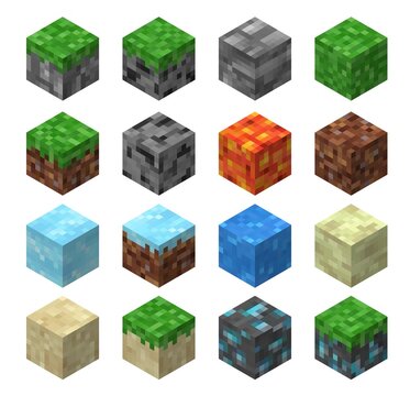 Pixel game blocks of grass, stone, ice and water, sand, lava, coal and golden ore vector patterns. Isometric video and web games ui, 3d boxes and cubes with pixelated textures of craft materials