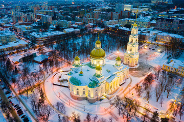 Night aerial view of reconstructed Orthodox Spassky Cathedral in Russian city of Penza in winter.