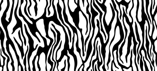 Zebra fur  - stripe skin, animal pattern. Repeating texture. Black and white seamless background. Vector
