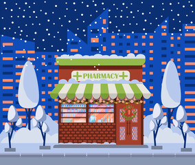Christmas decorated and illuminated pharmacy store. Cozy facade of a brick building with an entrance, a canopy, a door, a shop window, on a winter city street. cartoon vector illustration