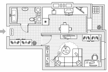 Planning of the apartment with arrangement furniture. Architectural drawing of the house (top view). Interior design  floor plan from above. Vector layout