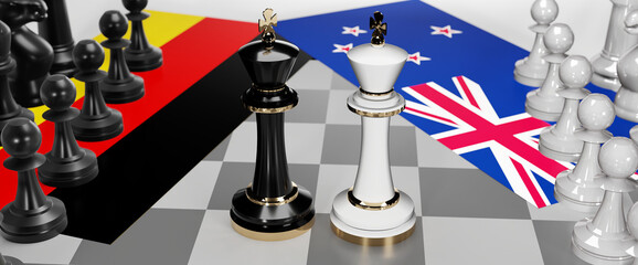 Germany and New Zealand - talks, debate, dialog or a confrontation between those two countries shown as two chess kings with flags that symbolize art of meetings and negotiations, 3d illustration