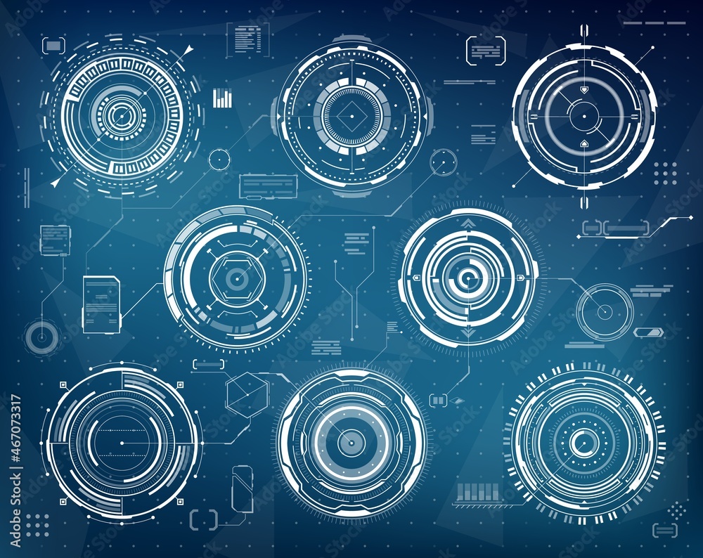 Leinwandbilder HUD futuristic circular interface panels. Sci Fi, web technology and visual data vector graphs set. Game GUI elements collection, app or computer program UI futuristic panels or target aim sight