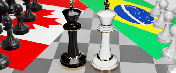 Canada and Brazil - talks, debate, dialog or a confrontation between those two countries shown as two chess kings with flags that symbolize art of meetings and negotiations, 3d illustration